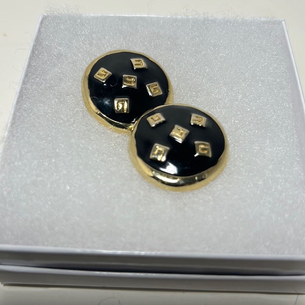 Givenchy earrings clip black gold tone small letter logo vintage formal classic